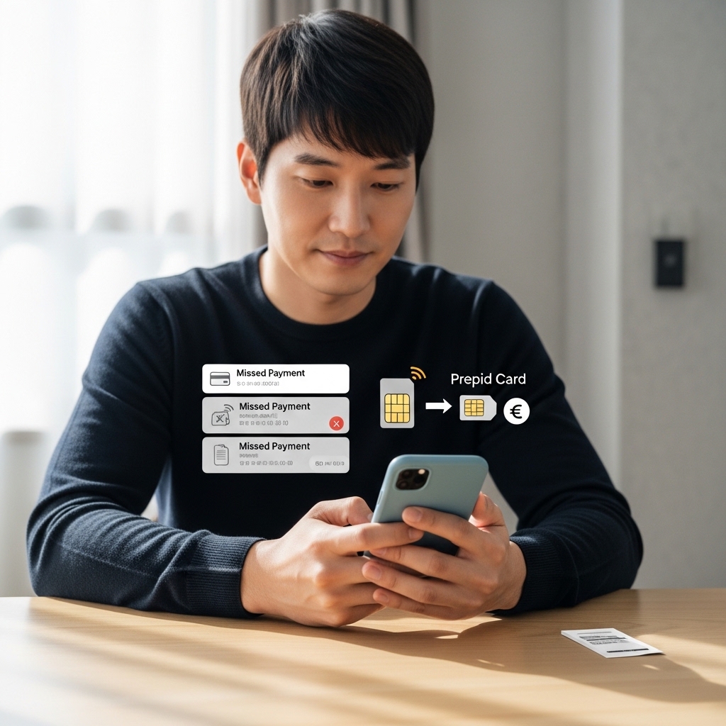요금미납 선불폰 상담 전 휴대폰 정지 상태와 유심 준비 여부를 확인하는 한국인 남성