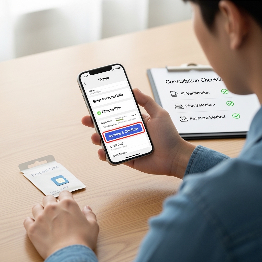 선불폰유심 셀프개통 신청 화면에서 본인인증과 유심정보를 확인하는 장면