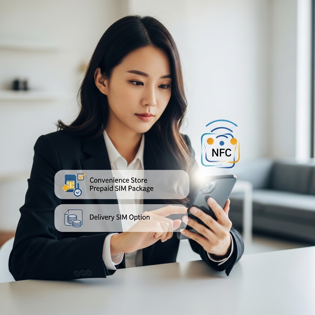 한국인 여성이 편의점유심과 택배배송유심의 NFC 여부를 비교하는 장면