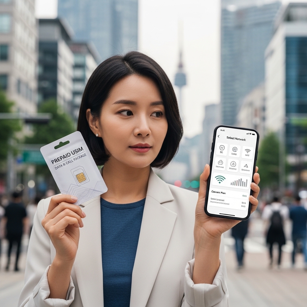 부산선불폰 유심개통 전 유심 포장과 신청 화면을 함께 확인하는 한국인 여성의 모습