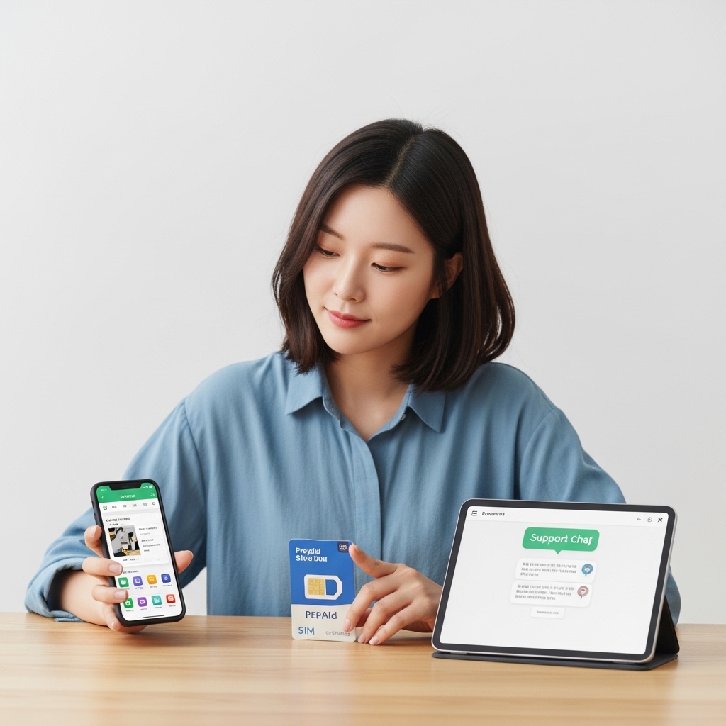 선불폰 앤텔레콤 신청 화면과 상담 경로를 비교하는 한국인 여성의 모습
