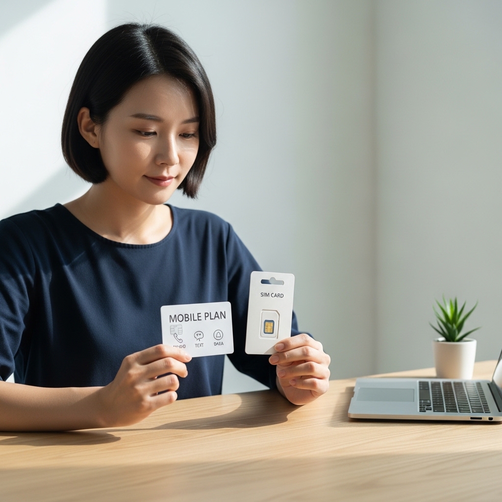 알뜰폰요금제 개통 전 요금제 카드와 유심 포장을 함께 확인하는 한국인 여성