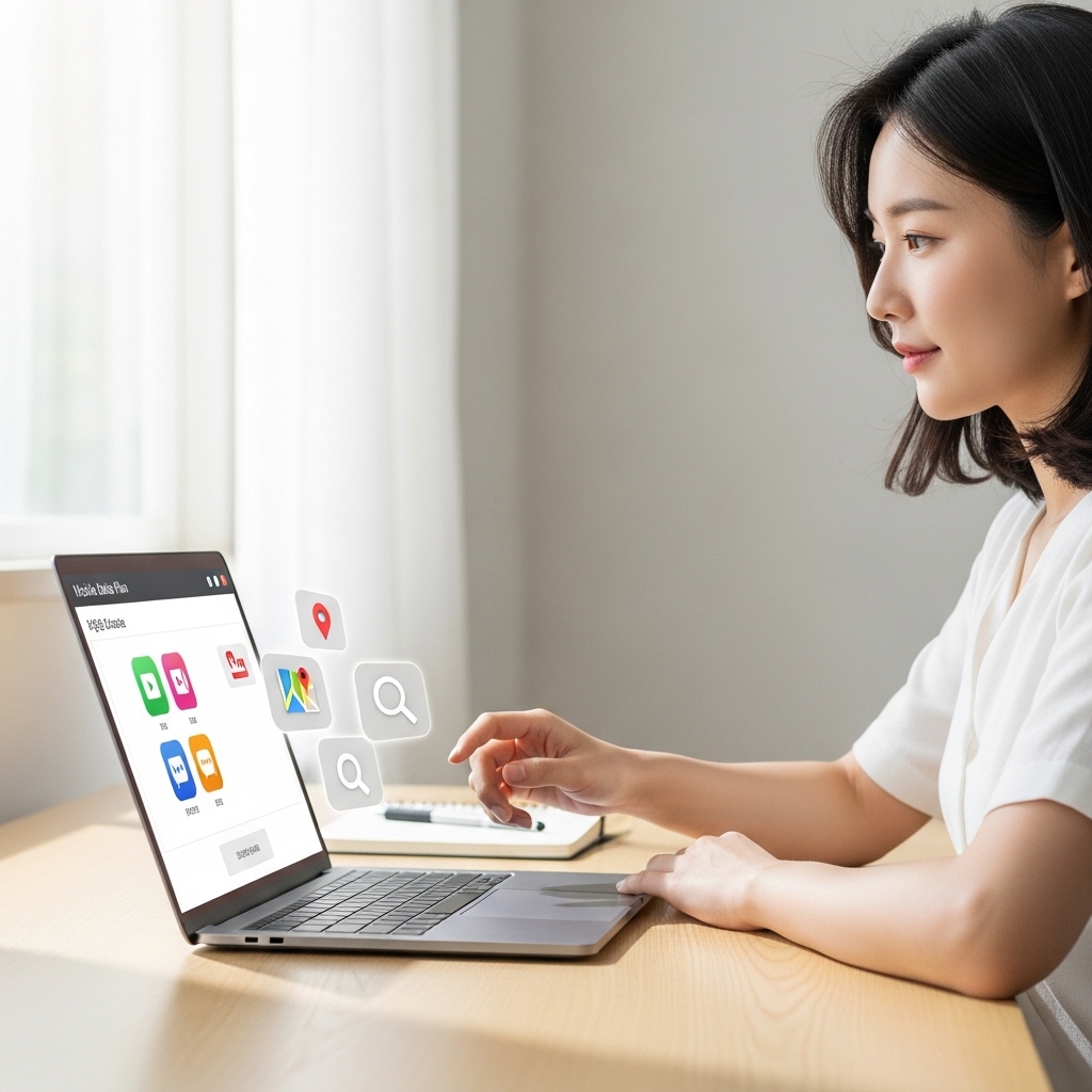 데이터요금제 선택 전 영상과 지도와 메신저 사용 습관을 확인하는 한국인 여성