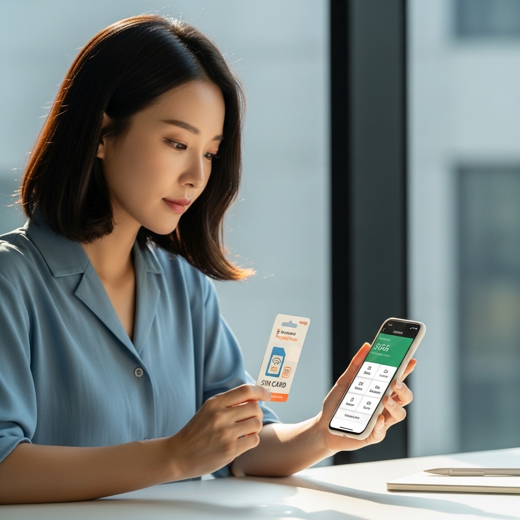 이마트유심 선불폰 개통 전 실물 유심명과 신청 화면을 비교하는 한국인 여성